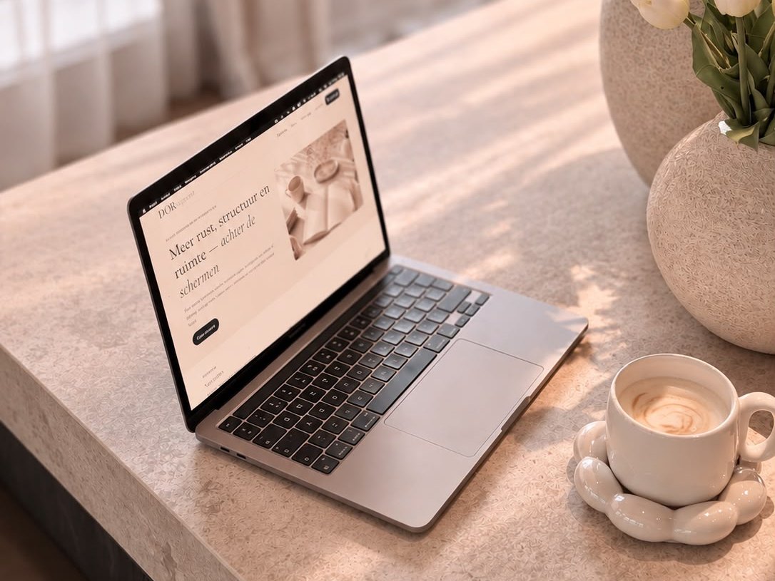 Rustige werkplek met notitieboek en laptop in zachte beige tinten
